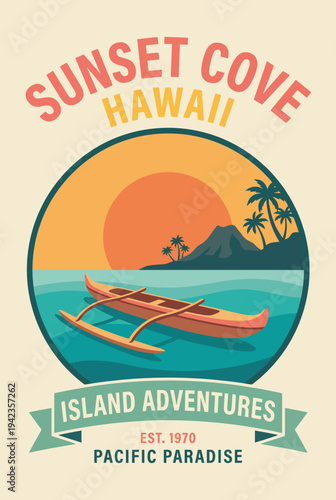 An inviting tropical poster showcasing a peaceful kayak on calm waters at sunset, promoting island adventures and the beauty of Hawaii's picturesque landscapes.