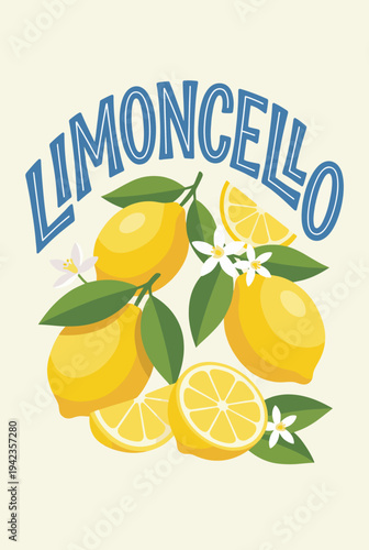 A vivid depiction of limoncello showcases fresh lemons and vibrant colors, symbolizing zest and celebration, invites viewers to indulge in this refreshing Italian liqueur experience.