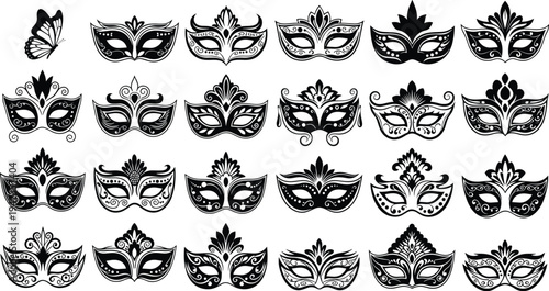 Masquerade mask illustration collection, ornate carnival mask designs, decorative black and white artwork, butterfly accent detail, artistic cultural celebration style