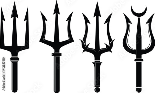 Stylized trident illustration, mythological weapon design, ornate three prong symbols, fantasy artwork collection, decorative trident variations, artistic ancient mythology art
