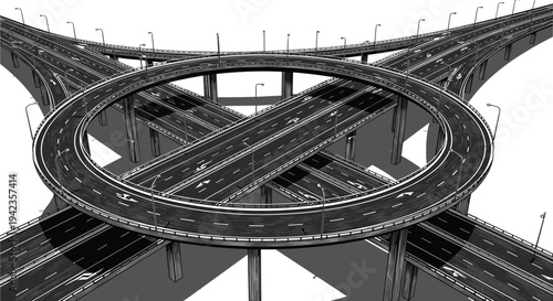 Highway interchange illustration, complex road network design, elevated overpass structure, multiple lane traffic system, urban infrastructure artwork, modern transportation engineering