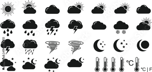 Weather icon set with sun, clouds, rain, lightning, snow, tornado, moon, and thermometer symbols for climate forecasting and temperature monitoring.