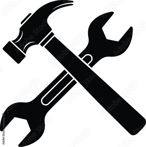 Crossed Hammer And Wrench Tools Silhouette, Black Vector Icon For Construction Maintenance Repair Service Home Improvement And Industrial Hardware Workshop Logo
