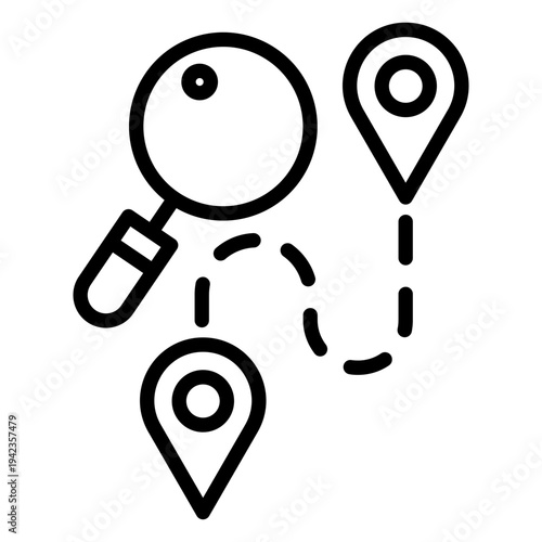 Magnifying glass following a path between location pins representing exploration and discovery