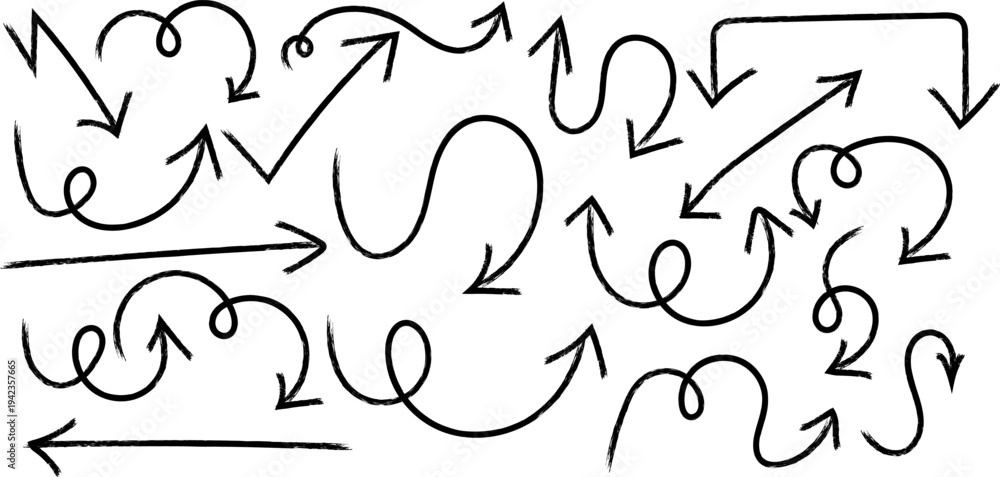 Obraz premium A collection of hand drawn black arrows and curved lines pointing in various directions across a white background