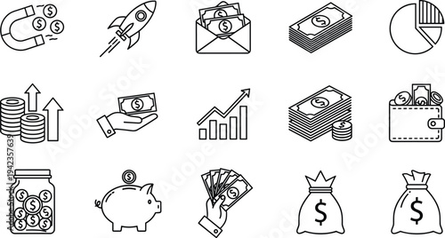 Financial And Money Icon Set Featuring Magnet For Coins Rocket Growth Investment Envelope Stacks Of Cash Piggy Bank And Wallet Symbols, Linear Outlines