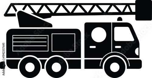Fire Truck With Aerial Ladder Silhouette, Black Vector Icon For Emergency Response Rescue Service Firefighting Equipment And Public Safety Vehicle Illustration