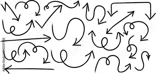 A collection of hand drawn black arrows and curved lines pointing in various directions across a white background