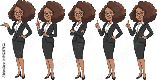 Businesswoman, character, poses, set, cartoon, female, office, professional, gestures, pointing, confident, flat, illustration, avatar, corporate, manager, standing, people, collection, vector