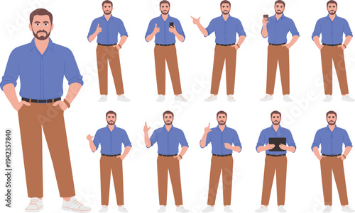 Businessman, character, poses, set, cartoon, male, office, worker, gestures, flat, illustration, professional, avatar, corporate, manager, standing, people, design, animation, collection
