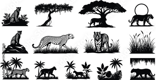 wildlife, safari, animals, jungle, silhouette, leopard, tiger, panther, nature, africa, savanna, predator, trees, grass, illustration, exotic, forest, habitat, collection, fauna