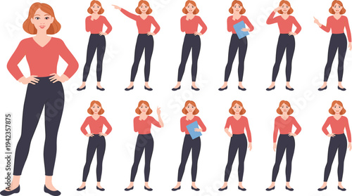Businesswoman, character, set, cartoon, female, office, worker, poses, flat, illustration, professional, avatar, corporate, manager, standing, gestures, people, design, animation, collection
