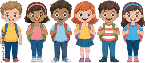 School, children, cartoon, kids, characters, students, backpacks, smiling, diverse, boys, girls, flat, illustration, education, happy, classroom, friends, people, avatar, collection