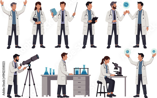 Cartoon illustration of diverse scientists and medical professionals in lab coats conducting experiments with microscopes, telescopes, flasks, and molecular models, ideal for education, healthcare