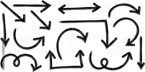 A collection of hand drawn black arrows in various shapes and directions illustrating movement and transitions high quality professional