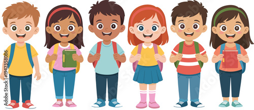 School, kids, cartoon, characters, children, students, backpacks, smiling, diverse, boys, girls, flat, illustration, education, happy, classroom, friends, people, avatar, set
