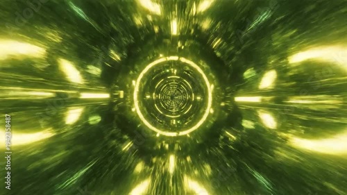 Abstract tunnel with glowing geometric patterns and light effects