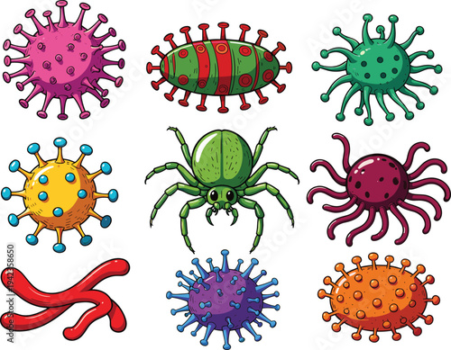 Colorful cartoon illustration of nine different microbes, viruses, and bacteria with unique shapes and vibrant designs, perfect for microbiology, science education, and health-related content projects