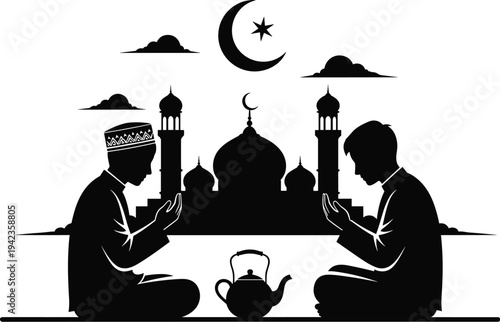 Ramadan, prayer, Muslim, Islamic, mosque, silhouette, crescent, star, worship, faith, religion, dua, spirituality, night, tradition, culture, fasting, Ramadan, Kareem, illustration