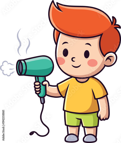 Playful cartoon child with red hair using green hair dryer, wearing yellow shirt and purple shoes, fun household activity concept for kids and educational content