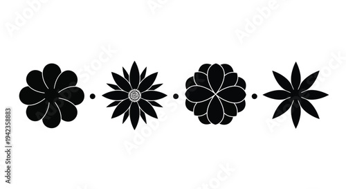 Four stylized black flower silhouettes arranged in a horizontal line