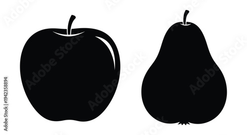 Black silhouette illustration of an apple and a pear side by side