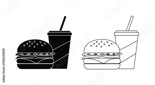 Simple black and white illustration of a burger and soda combination