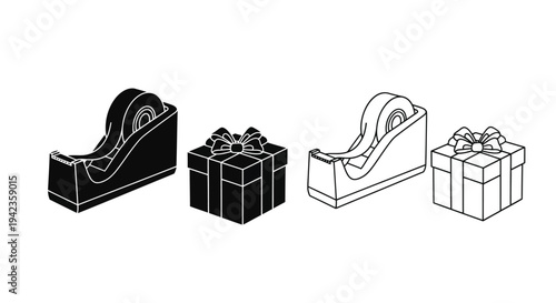Black and white line drawing of tape dispensers and gift boxes
