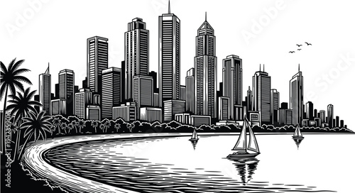 modern, coastal, city, skyline, silhouette, waterfront, sailboat, bay, urban, architecture, harbor, sunset, tropical, palm, seaside, reflection, birds, travel, illustration, landscape