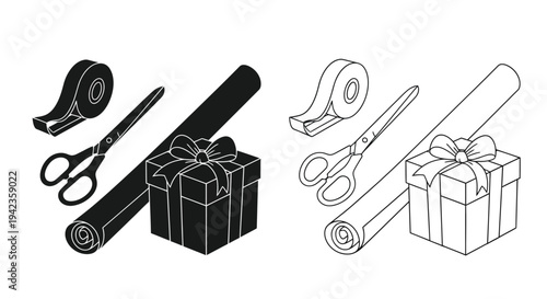 Gift wrapping supplies including scissors tape and a present are shown
