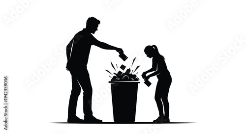 Silhouette of a man and child discarding items into a waste bin