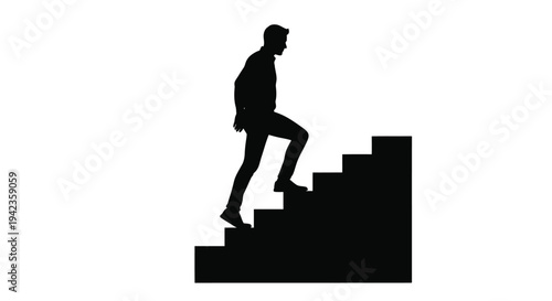 A silhouette of a man ascending a staircase representing progress