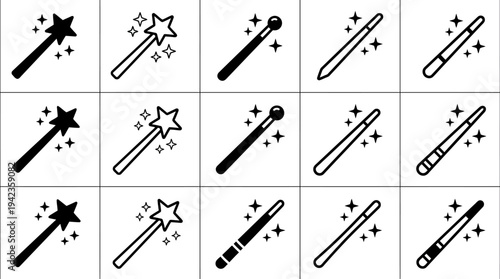 Set of 15 Magic Wand Icons in Various Styles, Black and White Vector Illustrations for Fantasy, Magic, and UI Design
