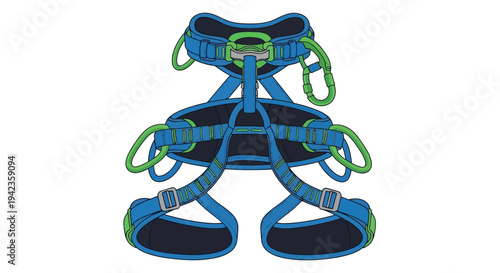 Illustration of a blue and green climbing safety harness