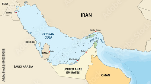 Geopolitical Map of the Persian Gulf and Strait of Hormuz Showing Iran, UAE, and Saudi Arabia