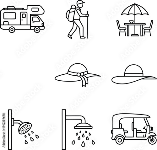 Outdoor Camping and Vacation Line Icons for Travel and Summer Recreation
