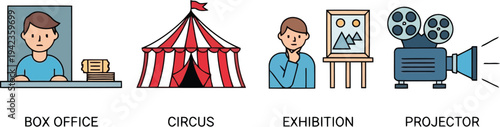 Entertainment and Exhibition Illustration Set with Circus Tent and Cinema Projector