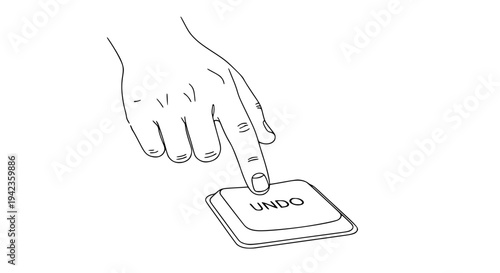 Outline drawing of a human finger pressing a large square button labeled with the word undo, symbolizing mistake correction or returning to a previous state in digital workflows.
