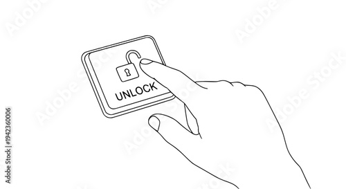 Line art illustration of a finger touching an unlock button with an open padlock icon symbolizing access granted, security clearance, or system activation process.