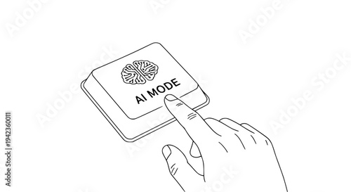 Hand pressing an illuminated "AI Mode" button featuring a stylized brain icon, representing activation of artificial intelligence technology for digital processing tasks.