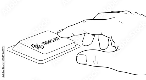 Finger pressing large isolated square button labeled translate featuring a globe icon for digital language conversion service concept artwork in black and white sketch.