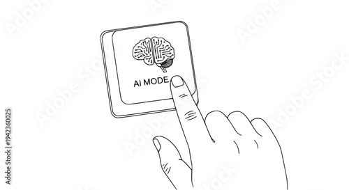 Human finger pressing an "AI MODE" button with a brain circuit icon, symbolizing artificial intelligence activation and advanced technology concept for digital interface and future innovation .