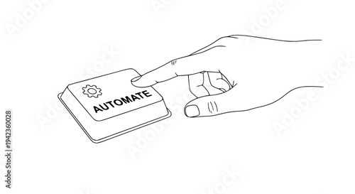 Hand pressing a vital 'Automate' button on a keyboard, depicted in a minimalist black and white line art illustration, symbolizing efficiency, process optimization, and technological advancement .