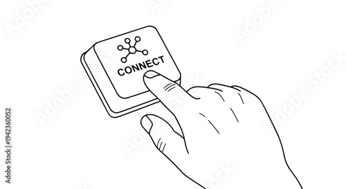 Finger pressing a simplified black and white button labeled connect featuring a network node symbol above for digital communication concept.