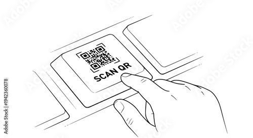 Hand pressing QR code scan button on a digital interface, illustrating modern mobile payment, quick access, and secure data linking technology. Conceptual line art for app development, website feature