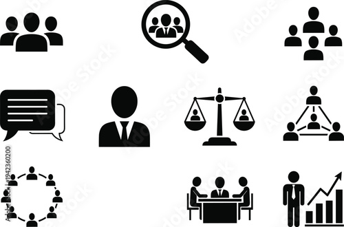 Corporate Business Leadership And Team Management Silhouette Set Featuring Executive Group Recruitment Magnifying Glass Professional Networking Symbols And Financial Progress Charts