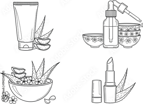 Aloe Vera Skincare And Organic Cosmetics Line Art Set Featuring Moisturizing Cream Tube Facial Serum Dropper Lipstick And Botanical Aloe Leaves For Beauty Packaging Design
