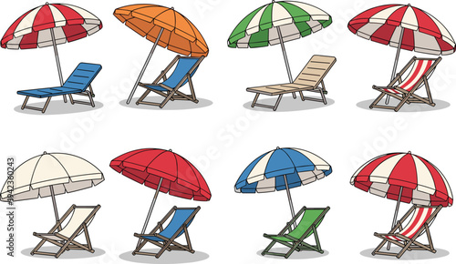 Beach Vacation Set Featuring Colorful Sun Umbrellas And Deck Chairs, Summer Holiday Resort Furniture For Relaxation Sunbathing And Travel Destination Illustration, Vector