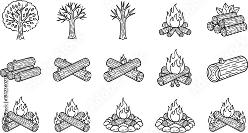Black and white line vector icon set of campfires, wooden logs, forest trees, firewood bundles, and outdoor camping fire elements.