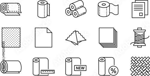Black and white line vector icon set of fabric rolls, textile materials, paper towels, sewing thread, and manufacturing napkins.